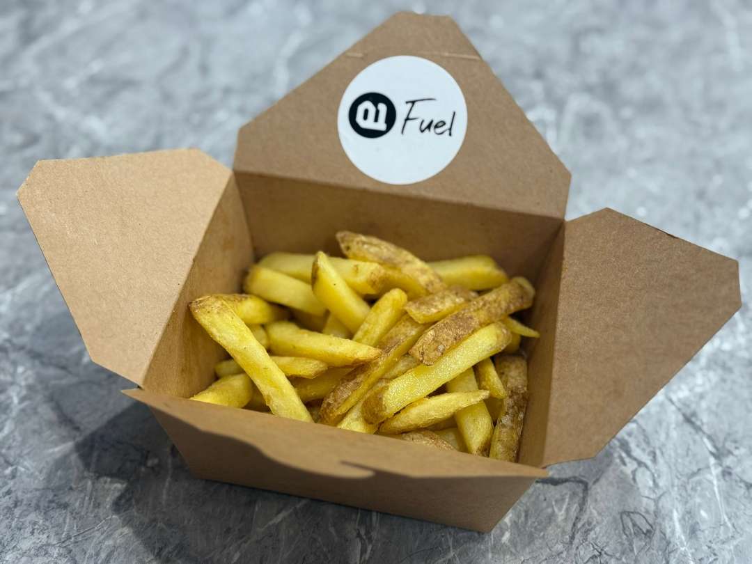 Fresh salted fries in Fuel Café packaging